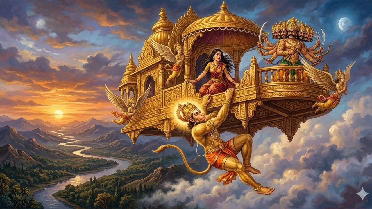 सीता हरण के दौरान क्या पुष्पक विमान से लटके हुए थे हनुमान? रामायण के सबसे बड़ा रहस्य की जाने सच्चाई